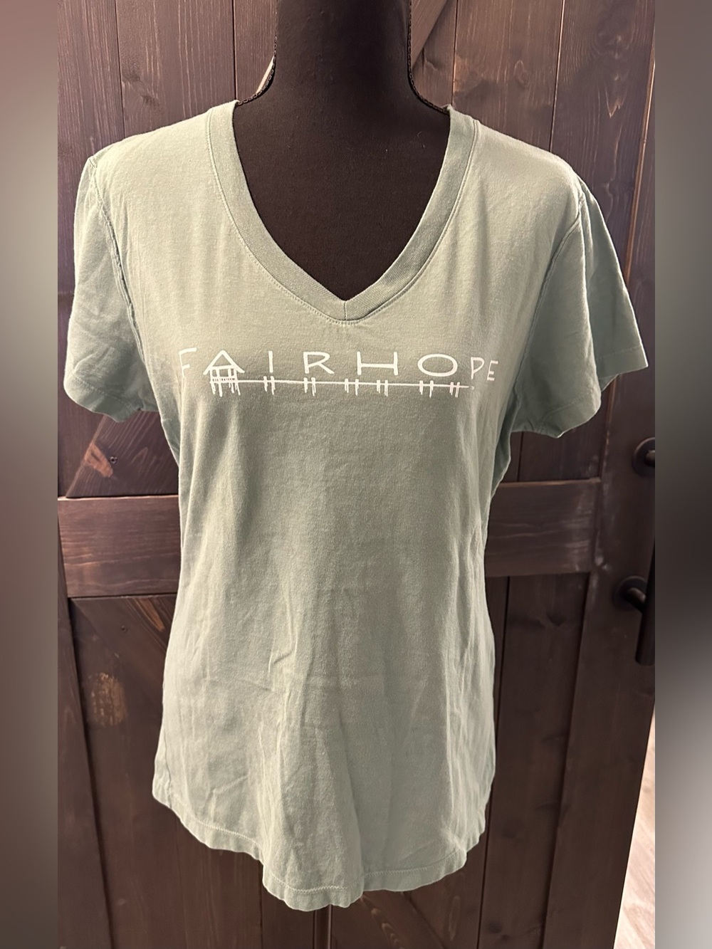 Fairhope Women's V‑Neck Logo Tee in Sage Green - Size S
